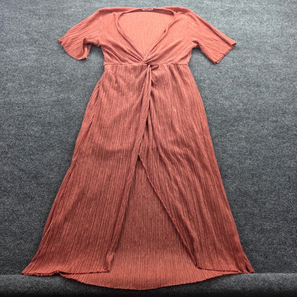 All in Favor Maxi Dress Twist Front High Low Pleated Rust Orange Medium Womens